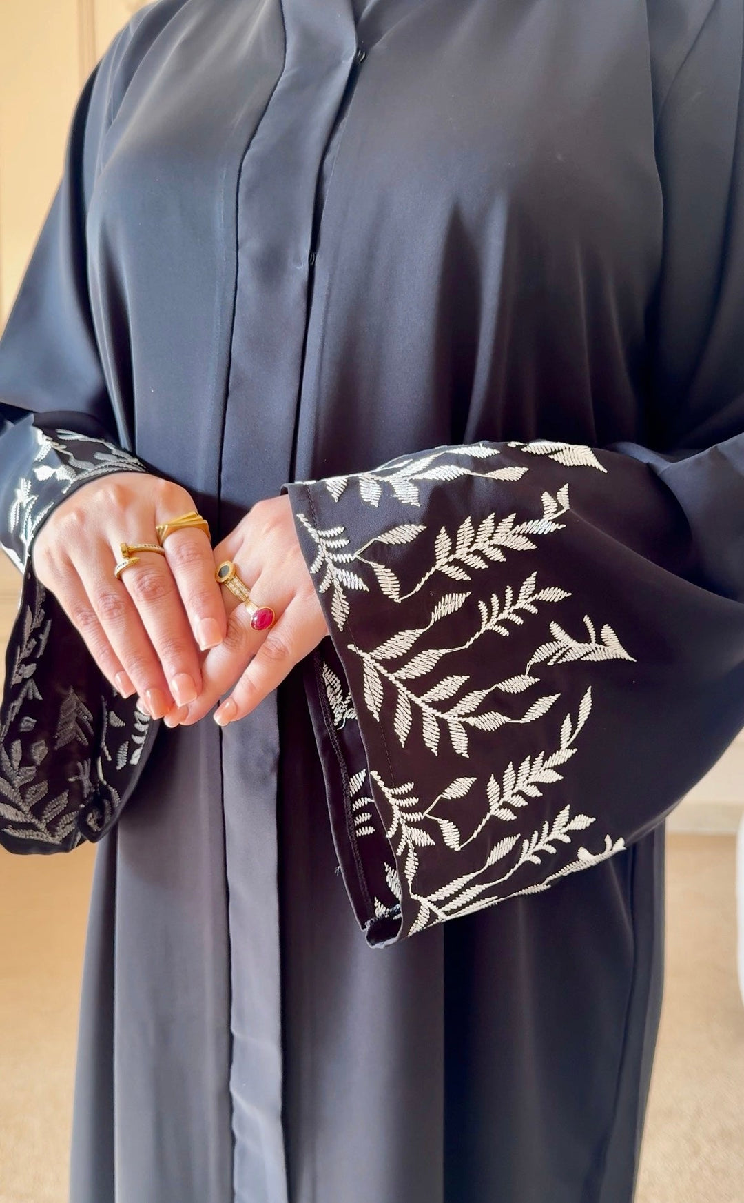 Black Front Open Abaya with White Embroidered Cuffs - Abaya Elegance