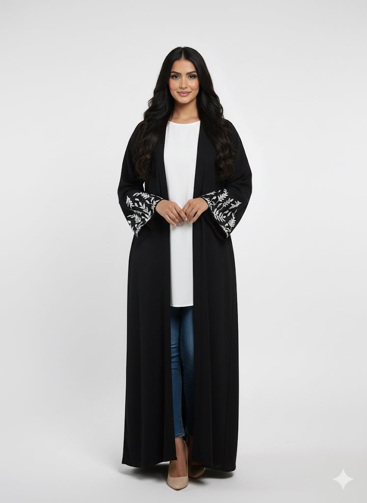 Black Front Open Abaya with White Embroidered Cuffs - Abaya Elegance