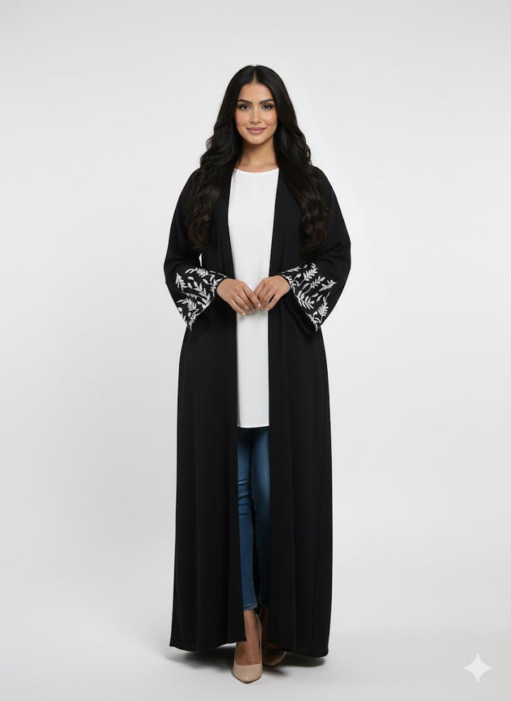 Black Front Open Abaya with White Embroidered Cuffs - Abaya Elegance