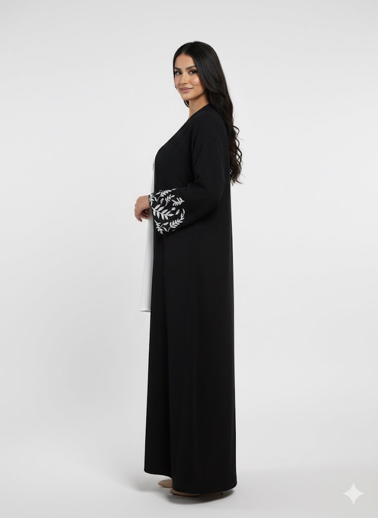 Black Front Open Abaya with White Embroidered Cuffs - Abaya Elegance