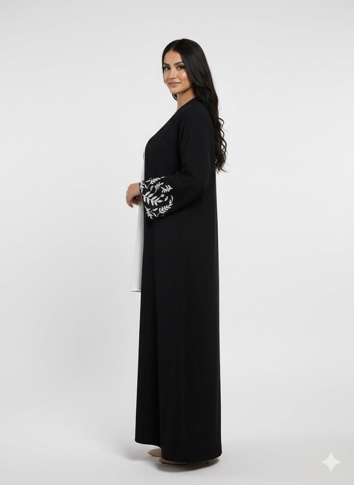 Black Front Open Abaya with White Embroidered Cuffs - Abaya Elegance