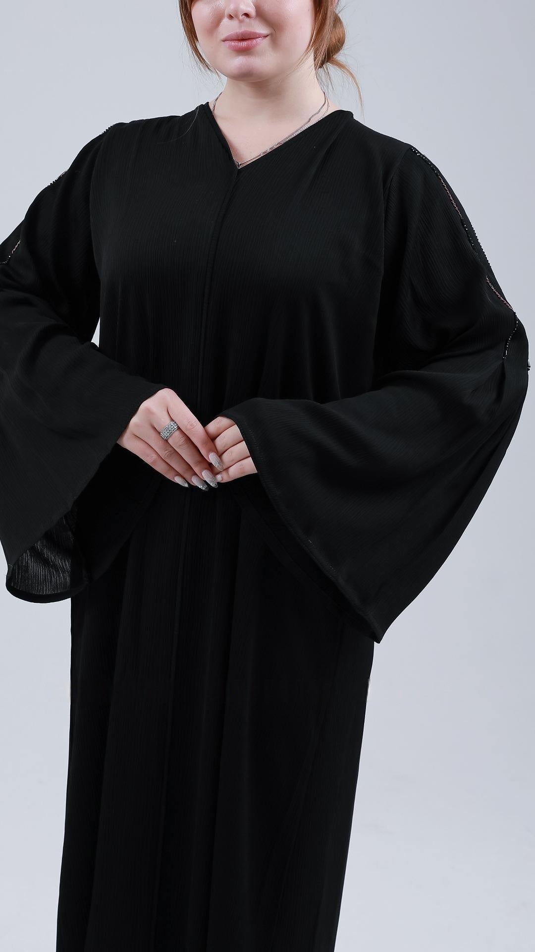 Black Zoom Abaya with Simple Handwork on the Sleeves - Abaya Elegance