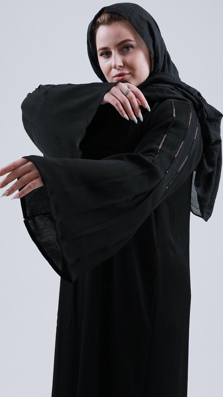 Black Zoom Abaya with Simple Handwork on the Sleeves - Abaya Elegance