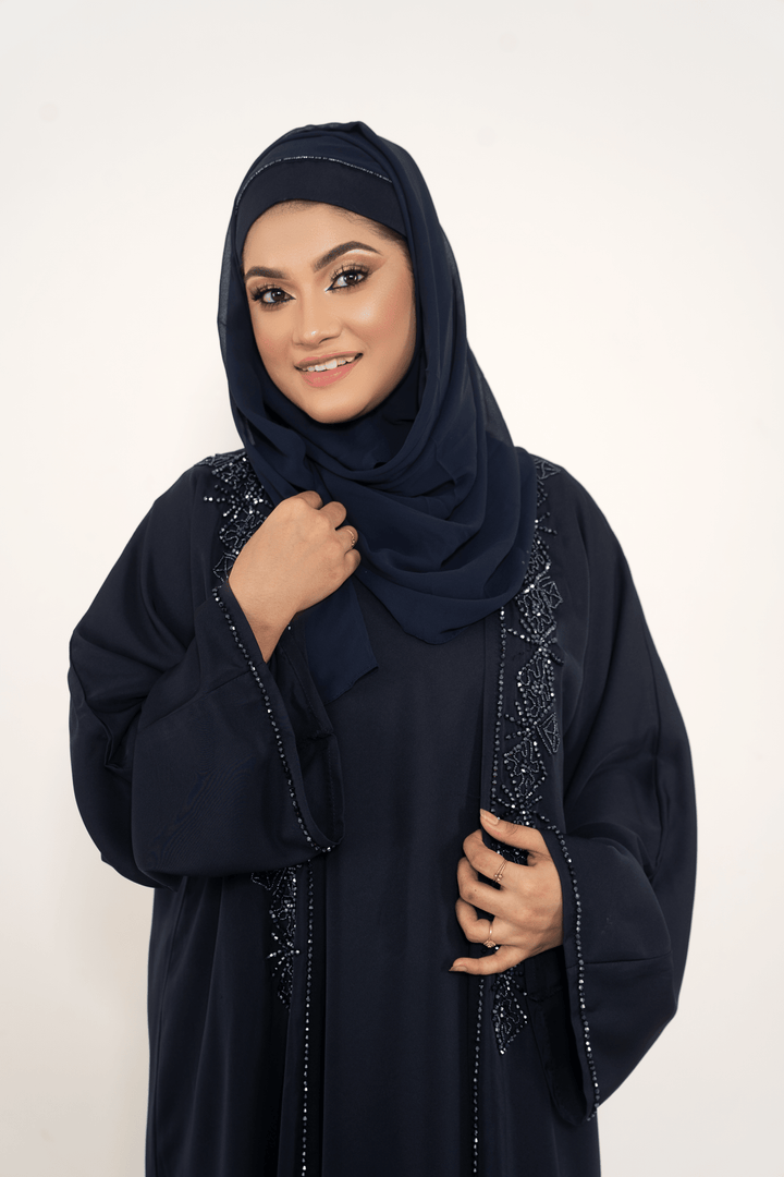 Blue color fabric stylish Handcrafted Abaya with Matching Inner Dress - Abaya Elegance