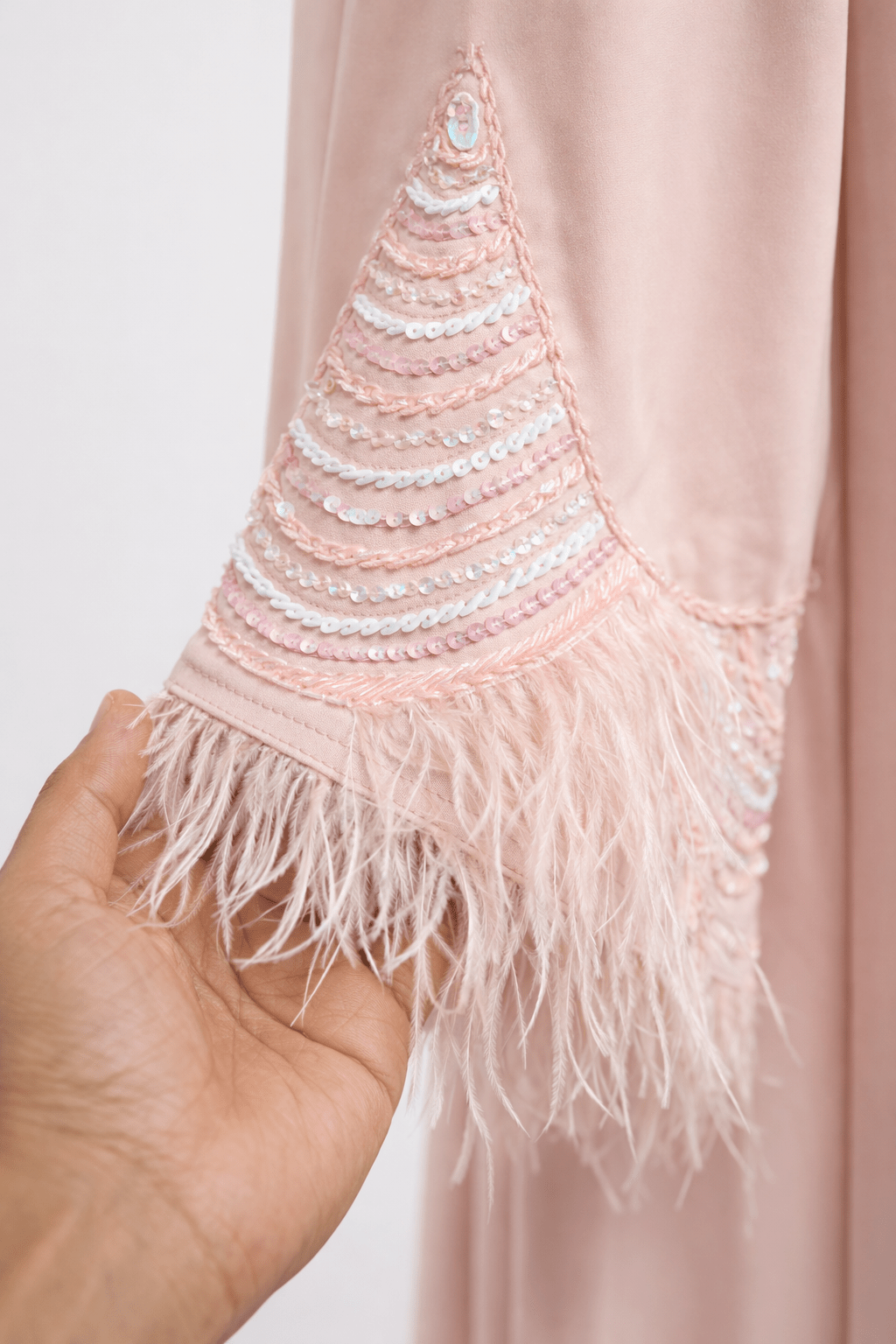 Blush Pink Abaya with Feather Sleeves - Abaya Elegance