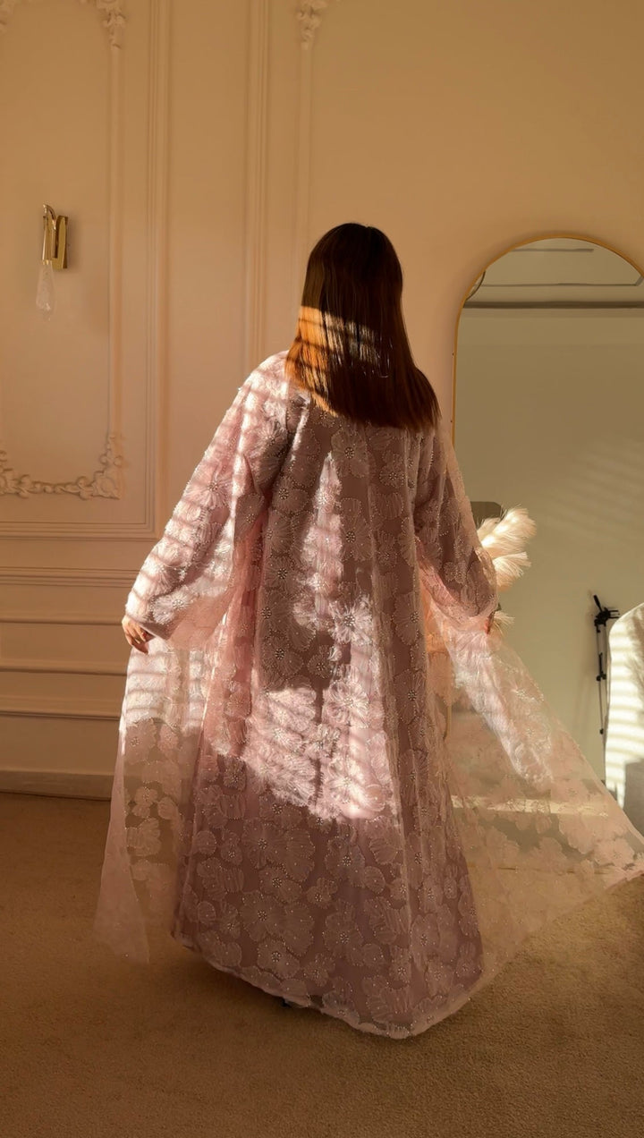 Blush Pink Floral Embellished Front Open Abaya - Abaya Elegance