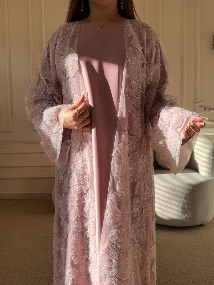Blush Pink Floral Embellished Front Open Abaya - Abaya Elegance