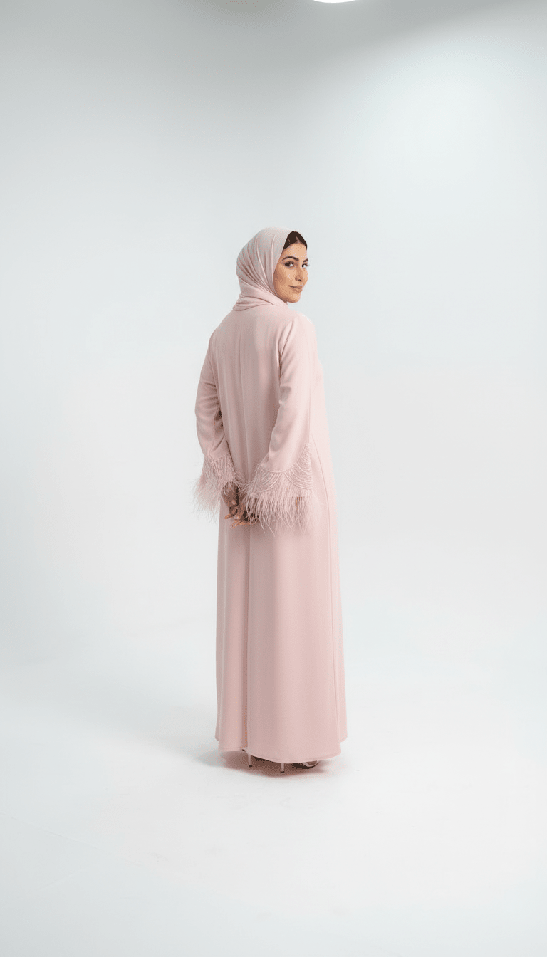 Blush Pink Front - Open Abaya with Feather - Embellished Sleeves - Abaya Elegance
