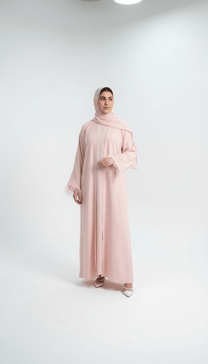 Blush Pink Front - Open Abaya with Feather - Embellished Sleeves - Abaya Elegance