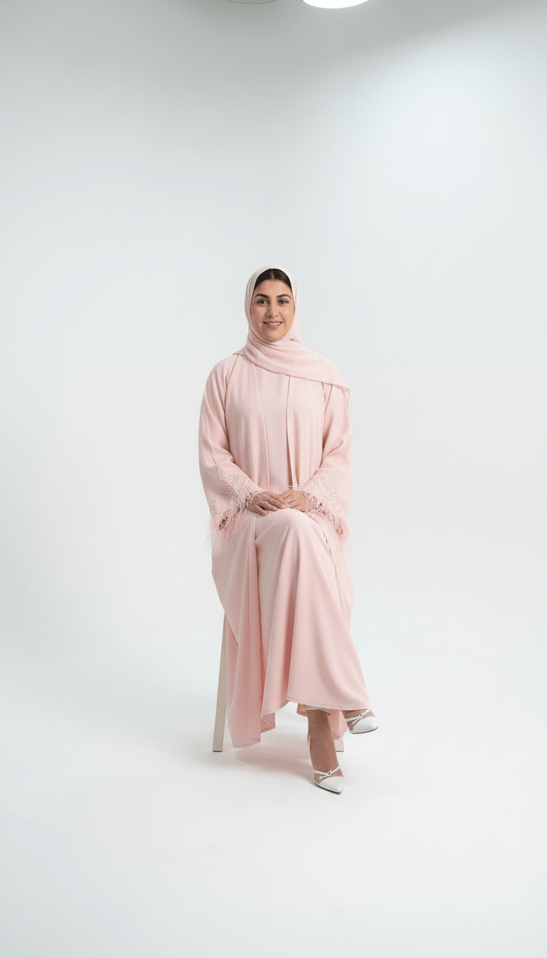 Blush Pink Front - Open Abaya with Feather - Embellished Sleeves - Abaya Elegance