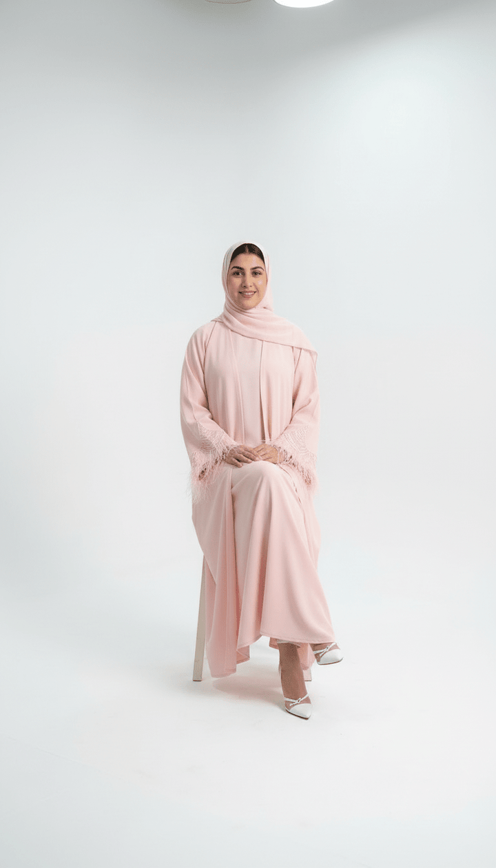 Blush Pink Front - Open Abaya with Feather - Embellished Sleeves - Abaya Elegance