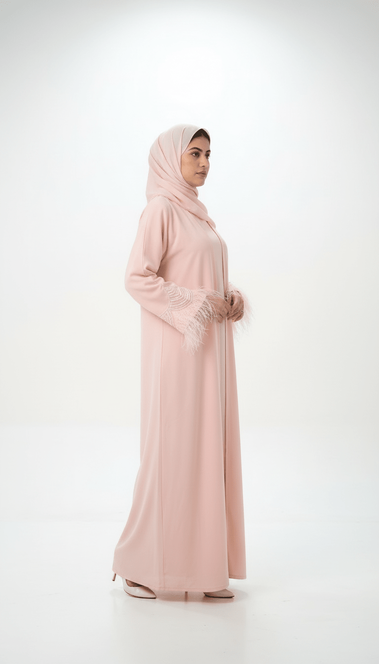 Blush Pink Front - Open Abaya with Feather - Embellished Sleeves - Abaya Elegance