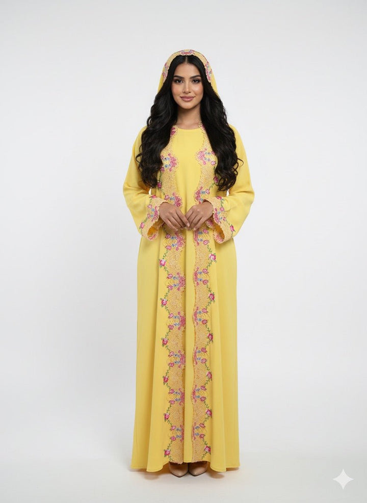 Chic Floral Lace Yellow Abaya - Abaya Elegance