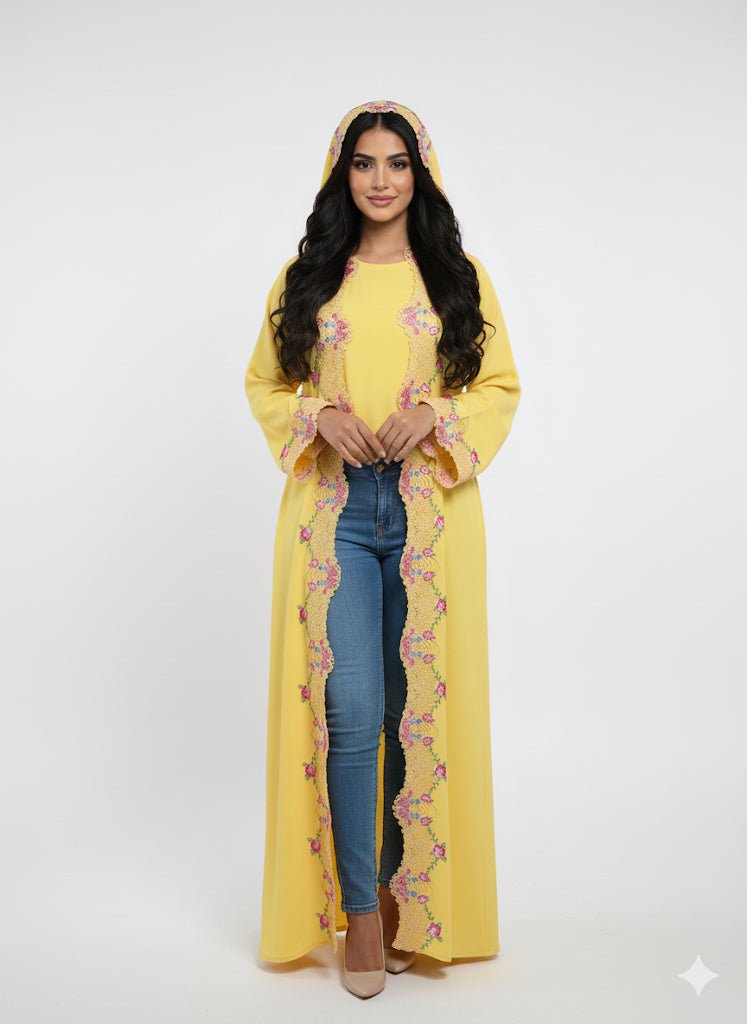 Chic Floral Lace Yellow Abaya - Abaya Elegance