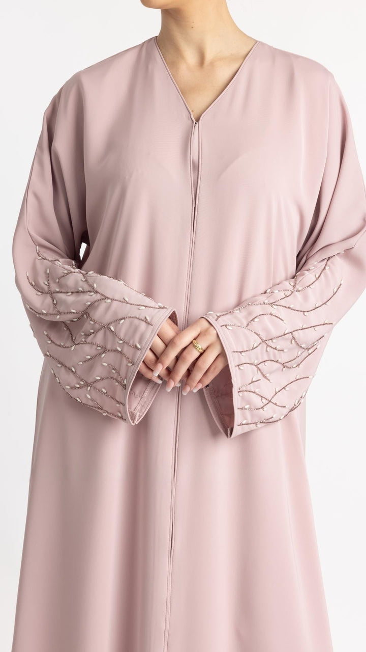Classic Front Open Abaya with Handwork on the Sleeves in Blush Pink - Abaya Elegance