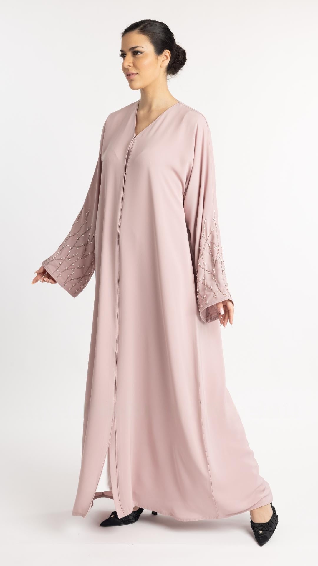 Classic Front Open Abaya with Handwork on the Sleeves in Blush Pink - Abaya Elegance