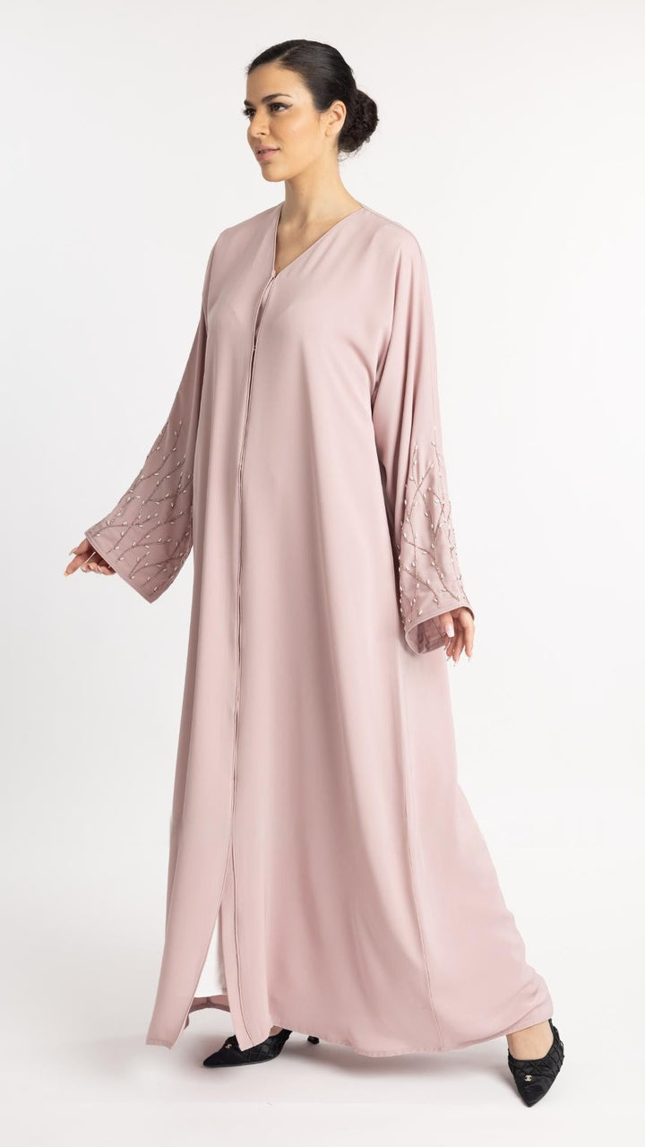 Classic Front Open Abaya with Handwork on the Sleeves in Blush Pink - Abaya Elegance