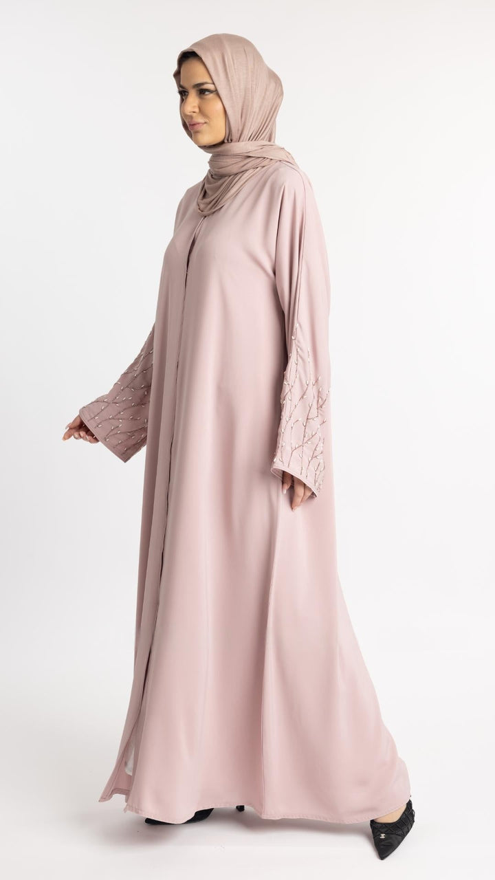 Classic Front Open Abaya with Handwork on the Sleeves in Blush Pink - Abaya Elegance