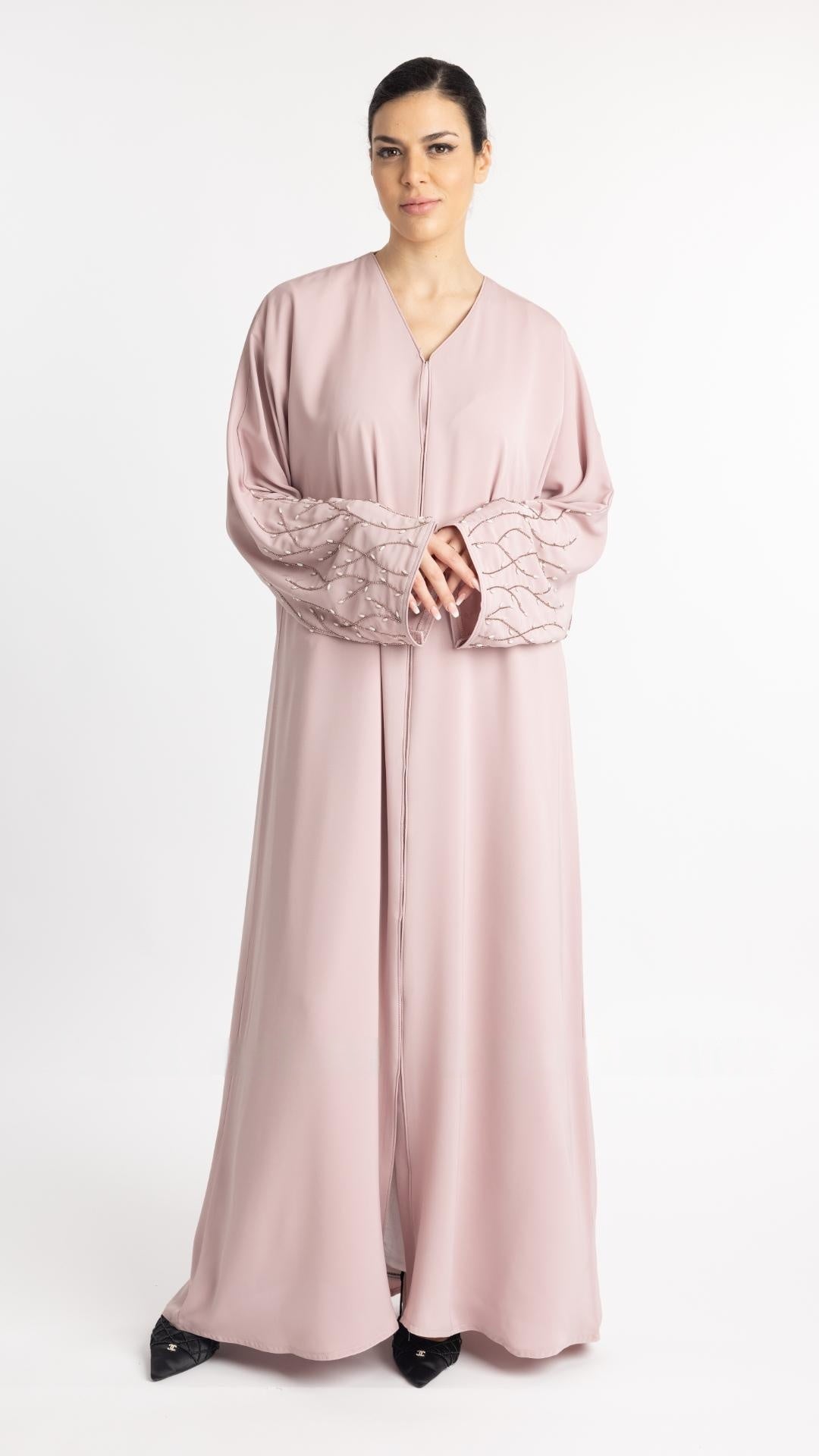 Classic Front Open Abaya with Handwork on the Sleeves in Blush Pink - Abaya Elegance