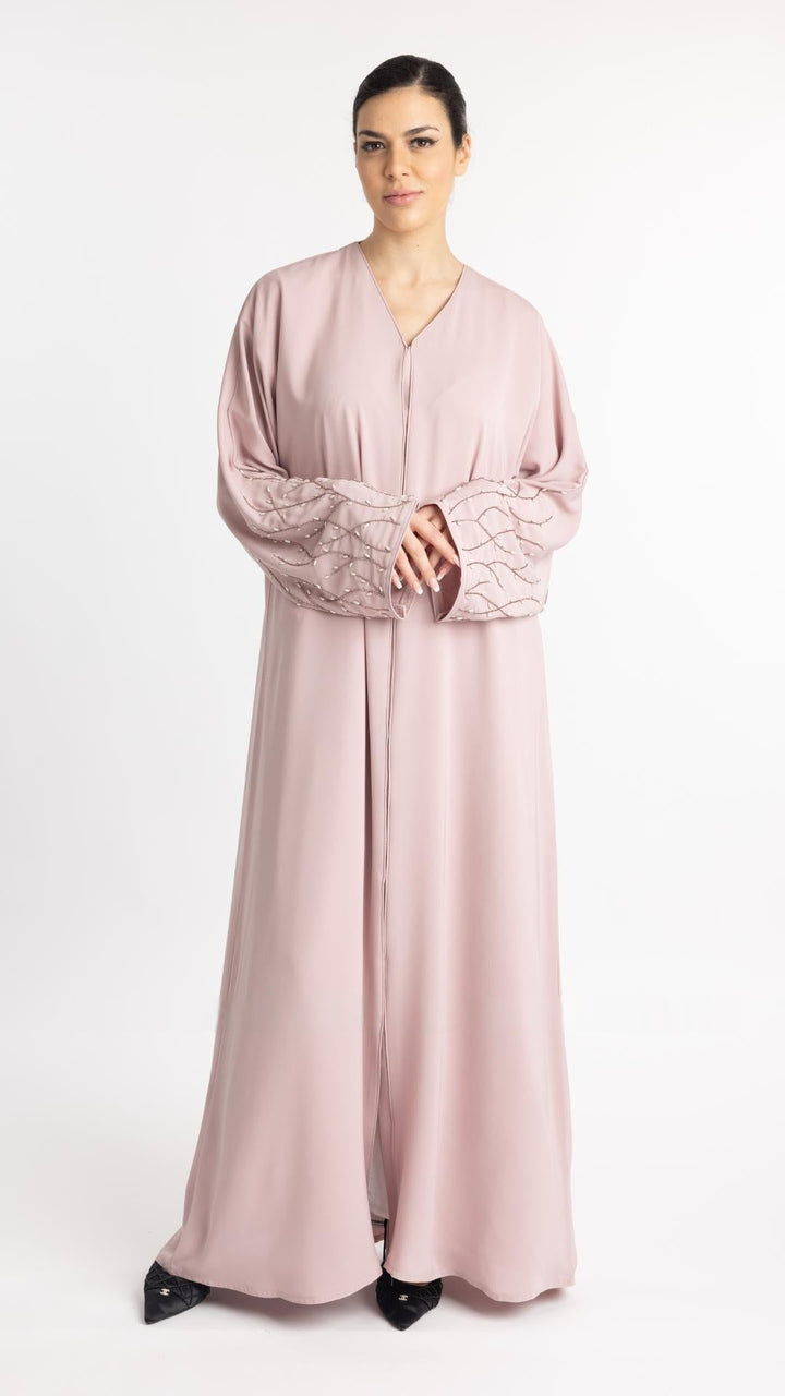 Classic Front Open Abaya with Handwork on the Sleeves in Blush Pink - Abaya Elegance