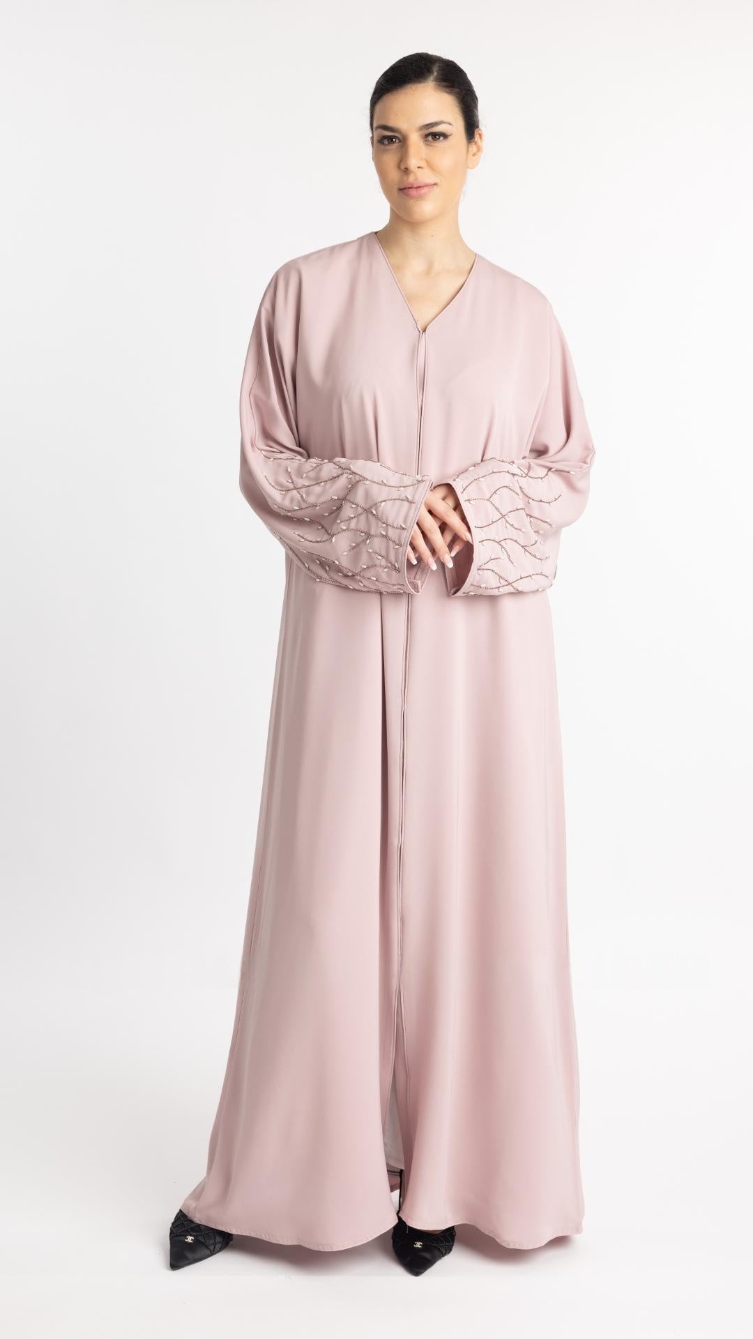 Classic Front Open Abaya with Handwork on the Sleeves in Blush Pink - Abaya Elegance