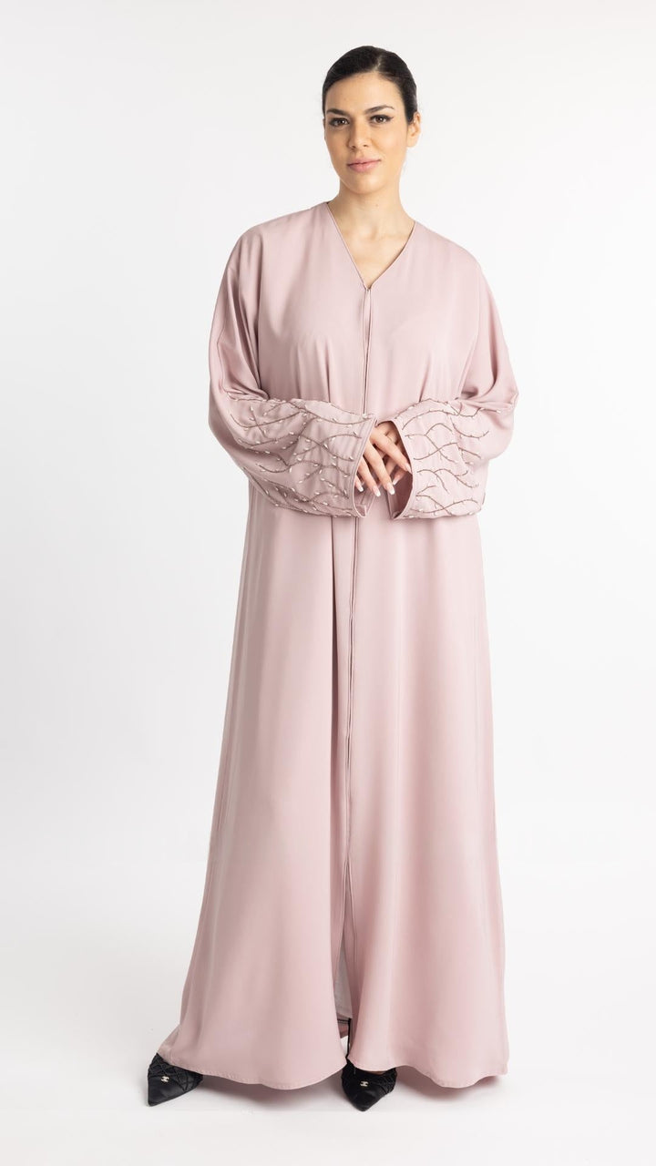 Classic Front Open Abaya with Handwork on the Sleeves in Blush Pink - Abaya Elegance