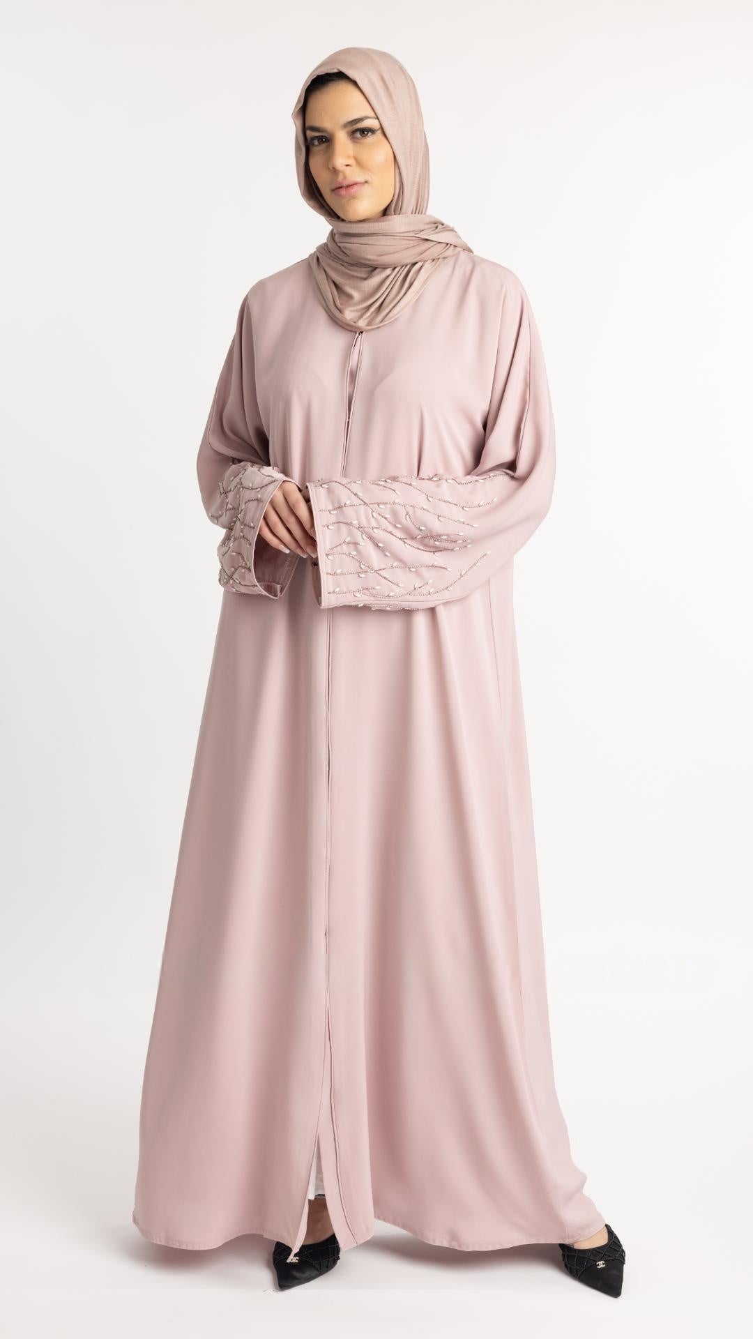 Classic Front Open Abaya with Handwork on the Sleeves in Blush Pink - Abaya Elegance