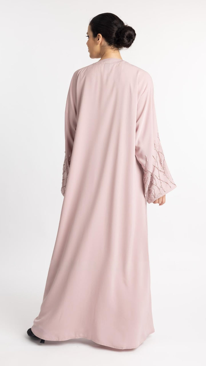 Classic Front Open Abaya with Handwork on the Sleeves in Blush Pink - Abaya Elegance