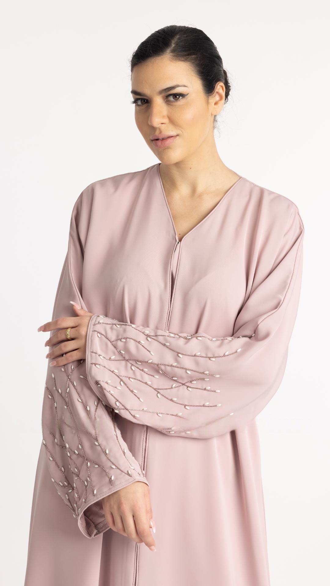 Classic Front Open Abaya with Handwork on the Sleeves in Blush Pink - Abaya Elegance