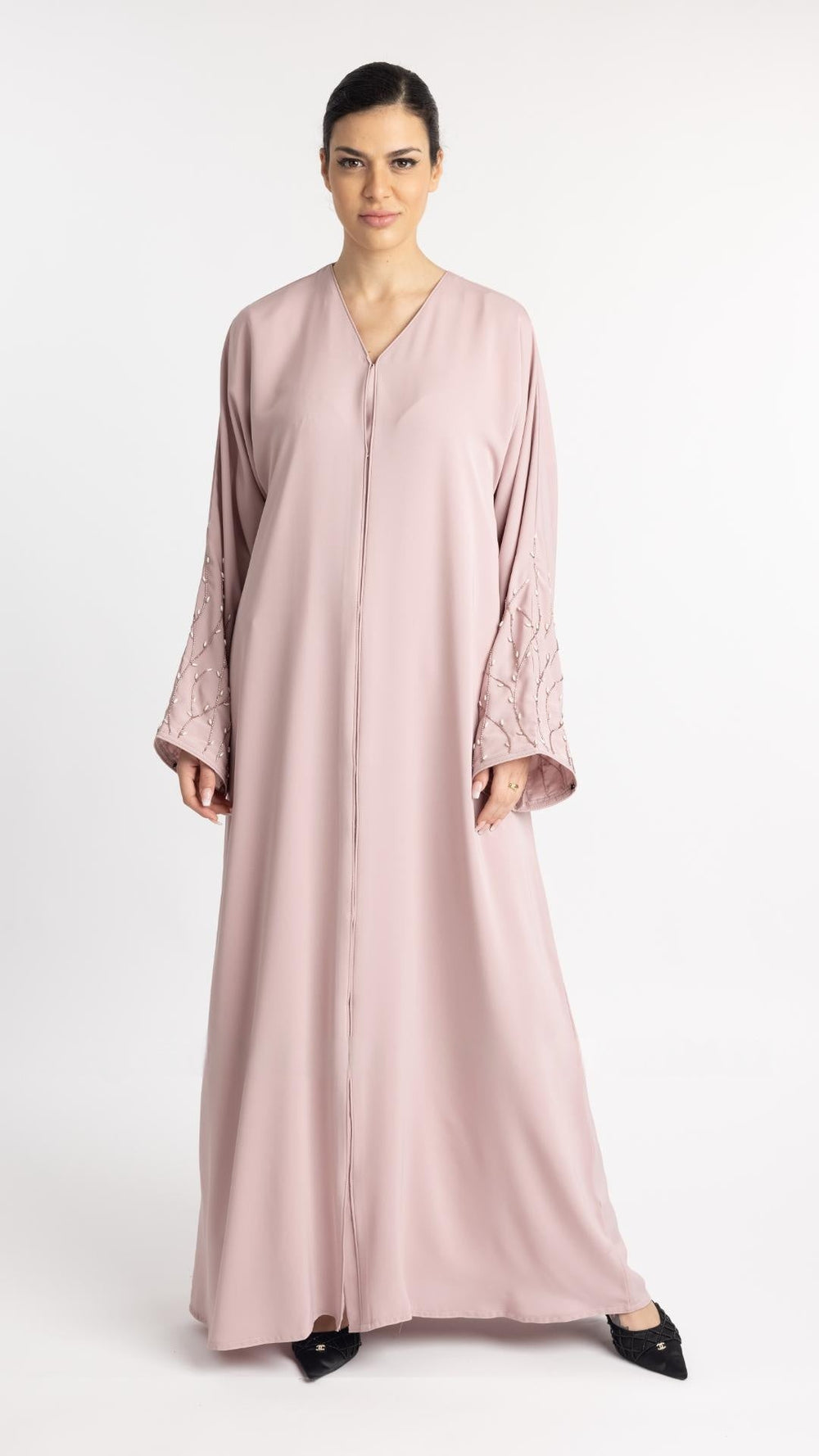 Classic Front Open Abaya with Handwork on the Sleeves in Blush Pink - Abaya Elegance