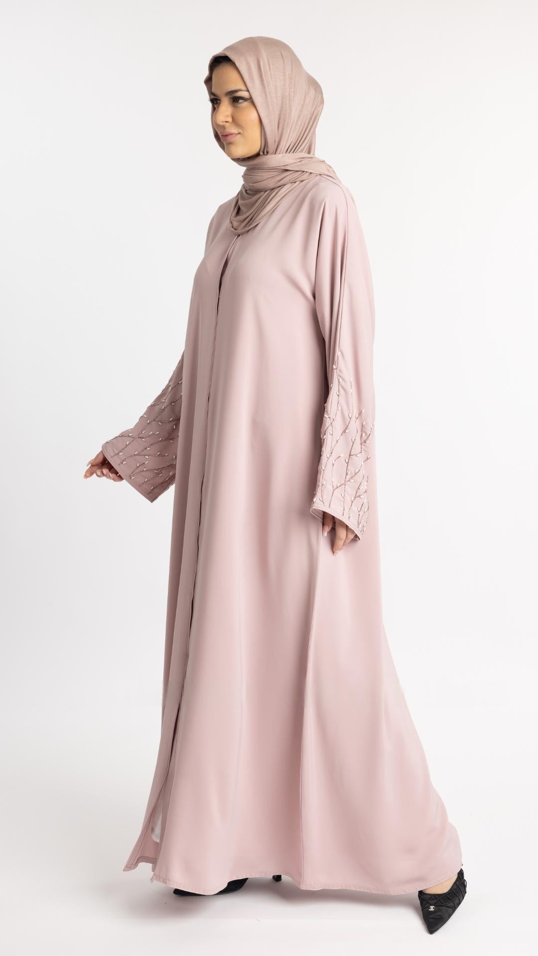 Classic Front Open Abaya with Handwork on the Sleeves in Blush Pink - Abaya Elegance