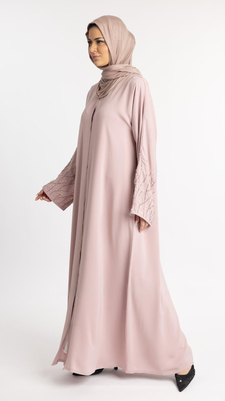 Classic Front Open Abaya with Handwork on the Sleeves in Blush Pink - Abaya Elegance