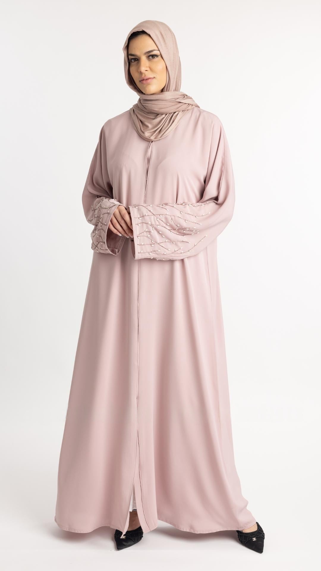 Classic Front Open Abaya with Handwork on the Sleeves in Blush Pink - Abaya Elegance