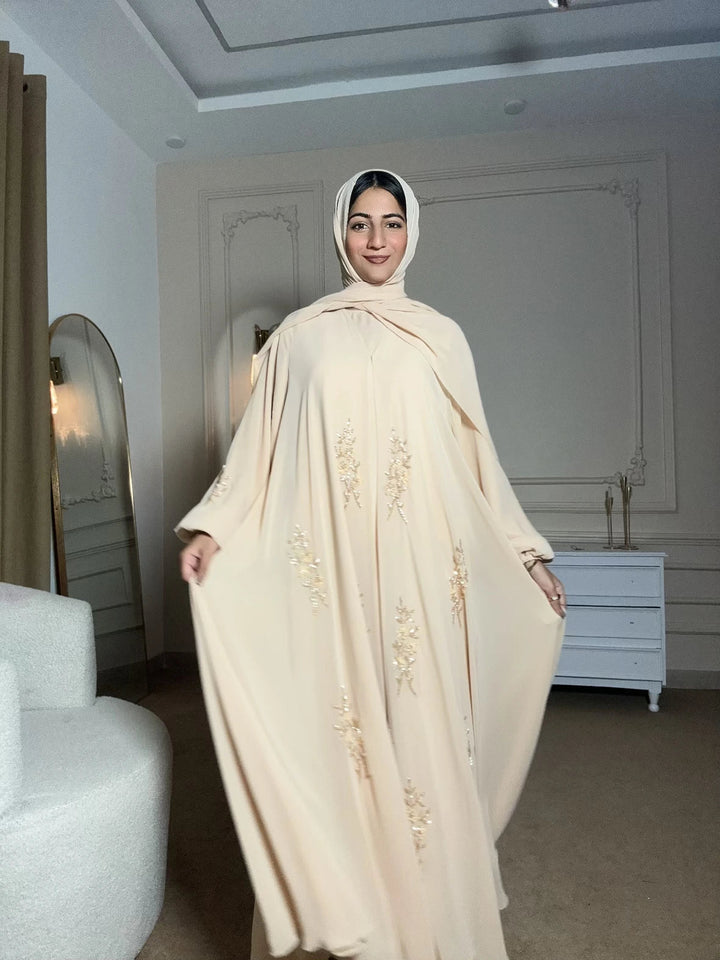 Cream Front - Open Abaya with Gold Embroidery and Inner - Abaya Elegance