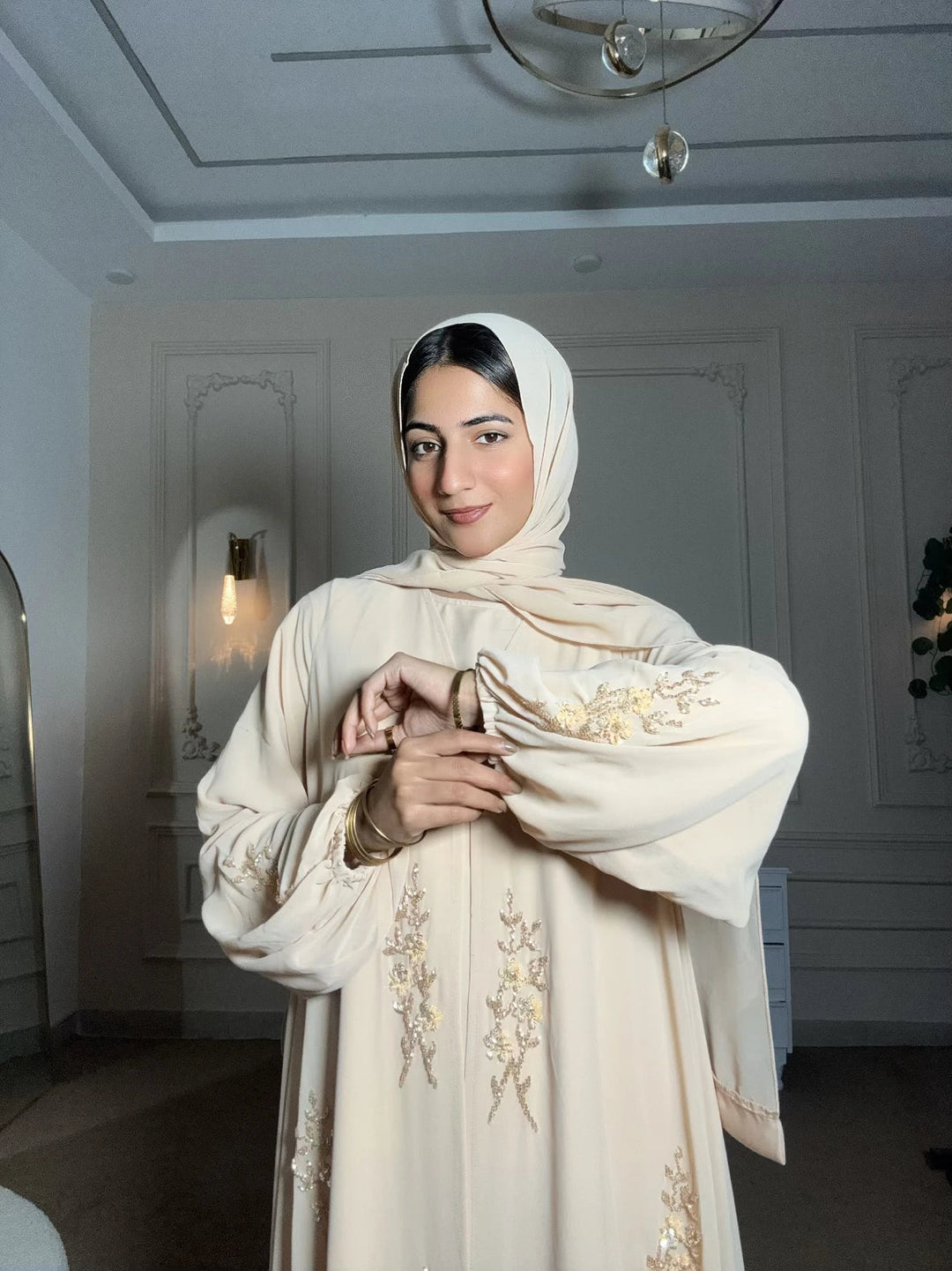 Cream Front - Open Abaya with Gold Embroidery and Inner - Abaya Elegance