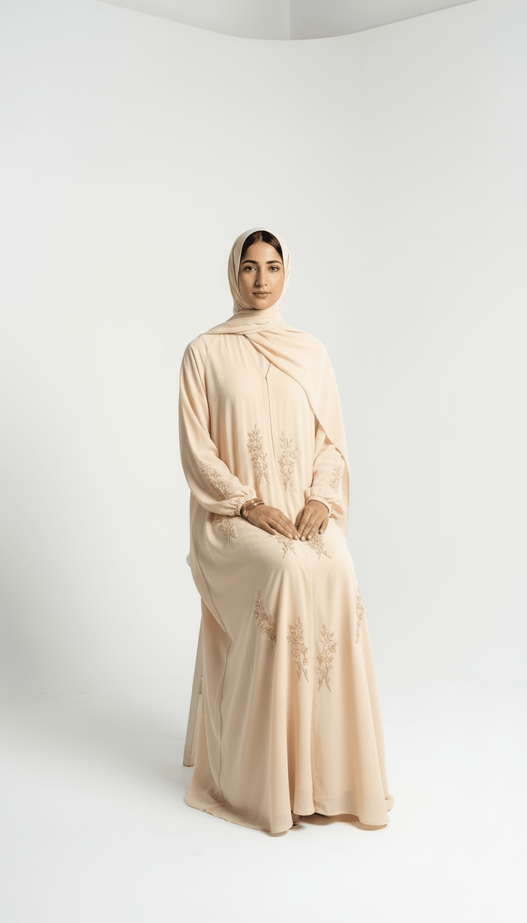 Cream Front - Open Abaya with Gold Embroidery and Inner - Abaya Elegance