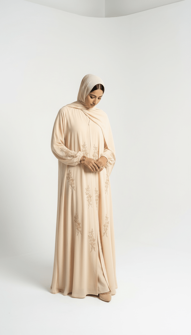 Cream Front - Open Abaya with Gold Embroidery and Inner - Abaya Elegance