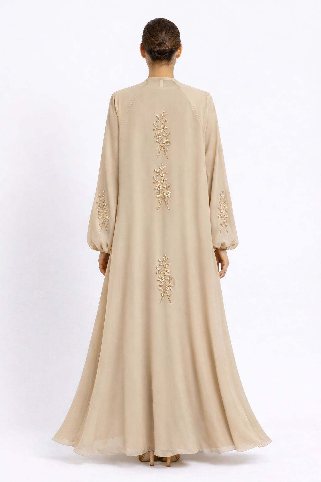 Cream Front - Open Abaya with Gold Embroidery and Inner - Abaya Elegance