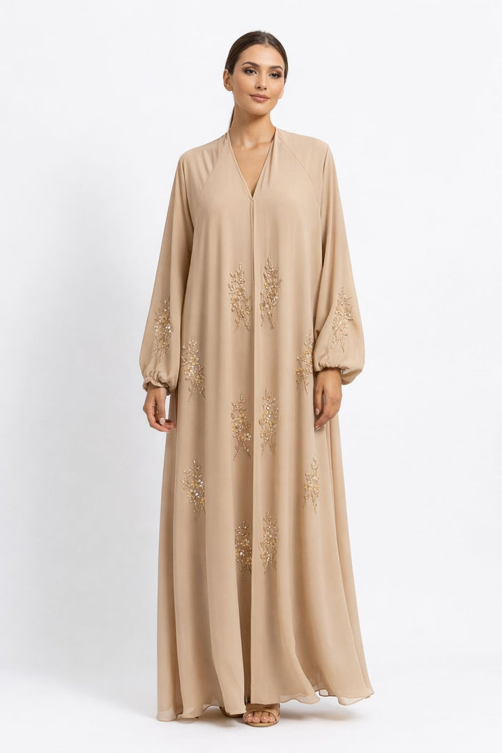 Cream Front - Open Abaya with Gold Embroidery and Inner - Abaya Elegance