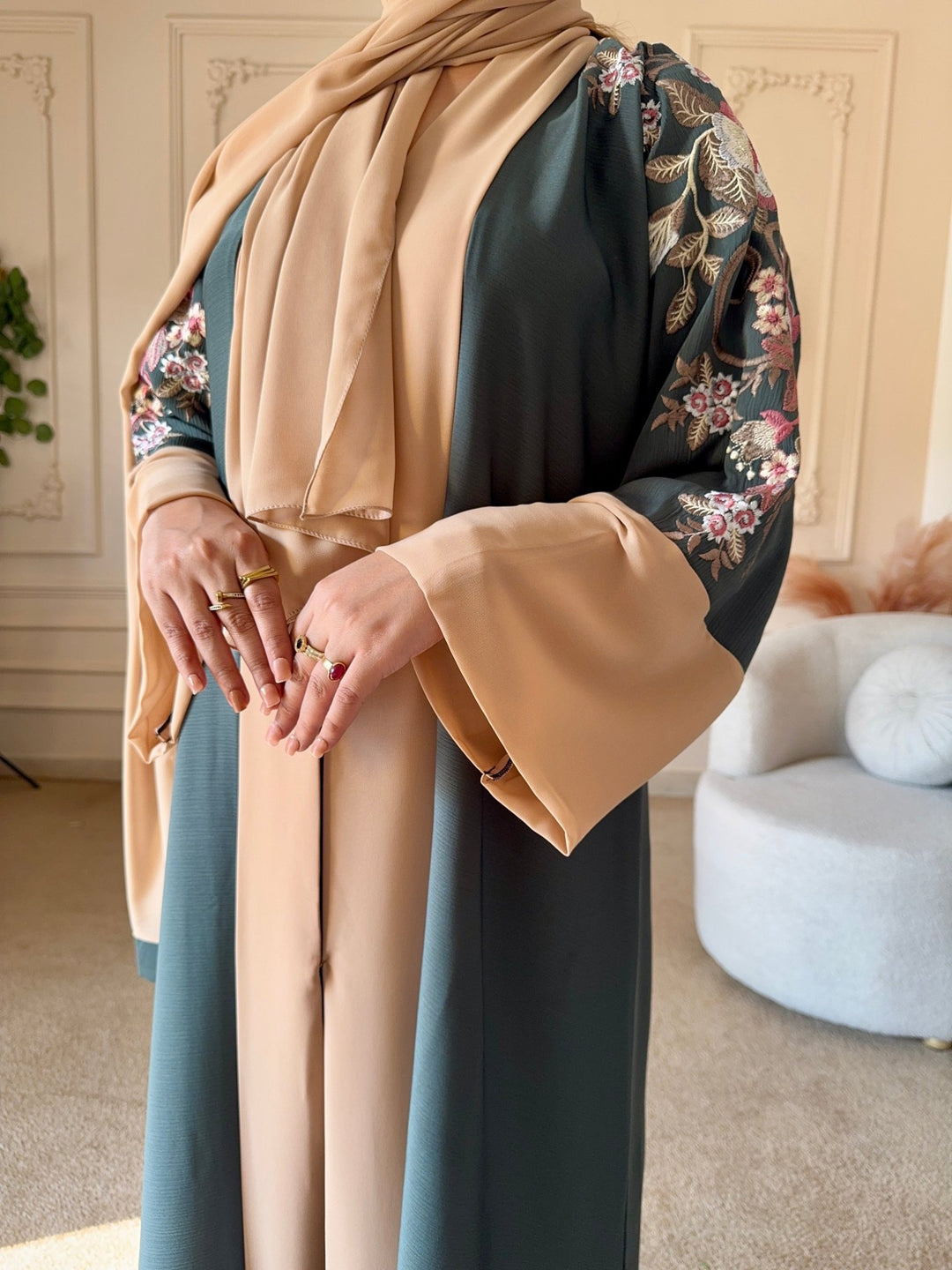 Cream Sage Embroidered Abaya - Abaya Elegance