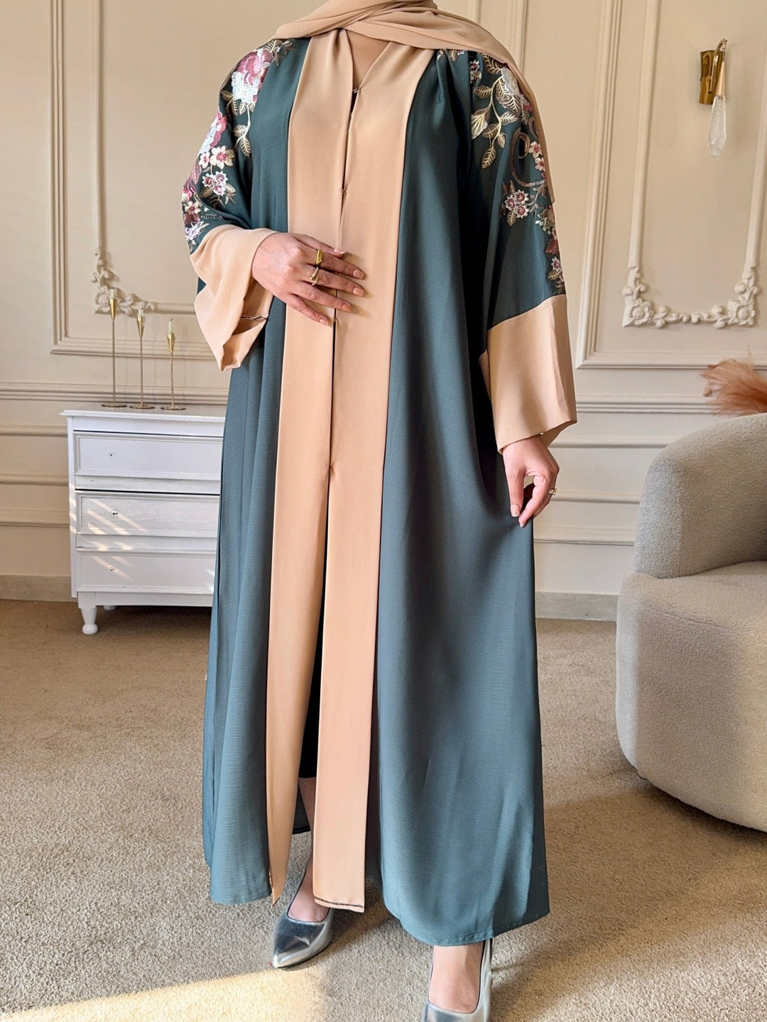 Cream Sage Embroidered Abaya - Abaya Elegance