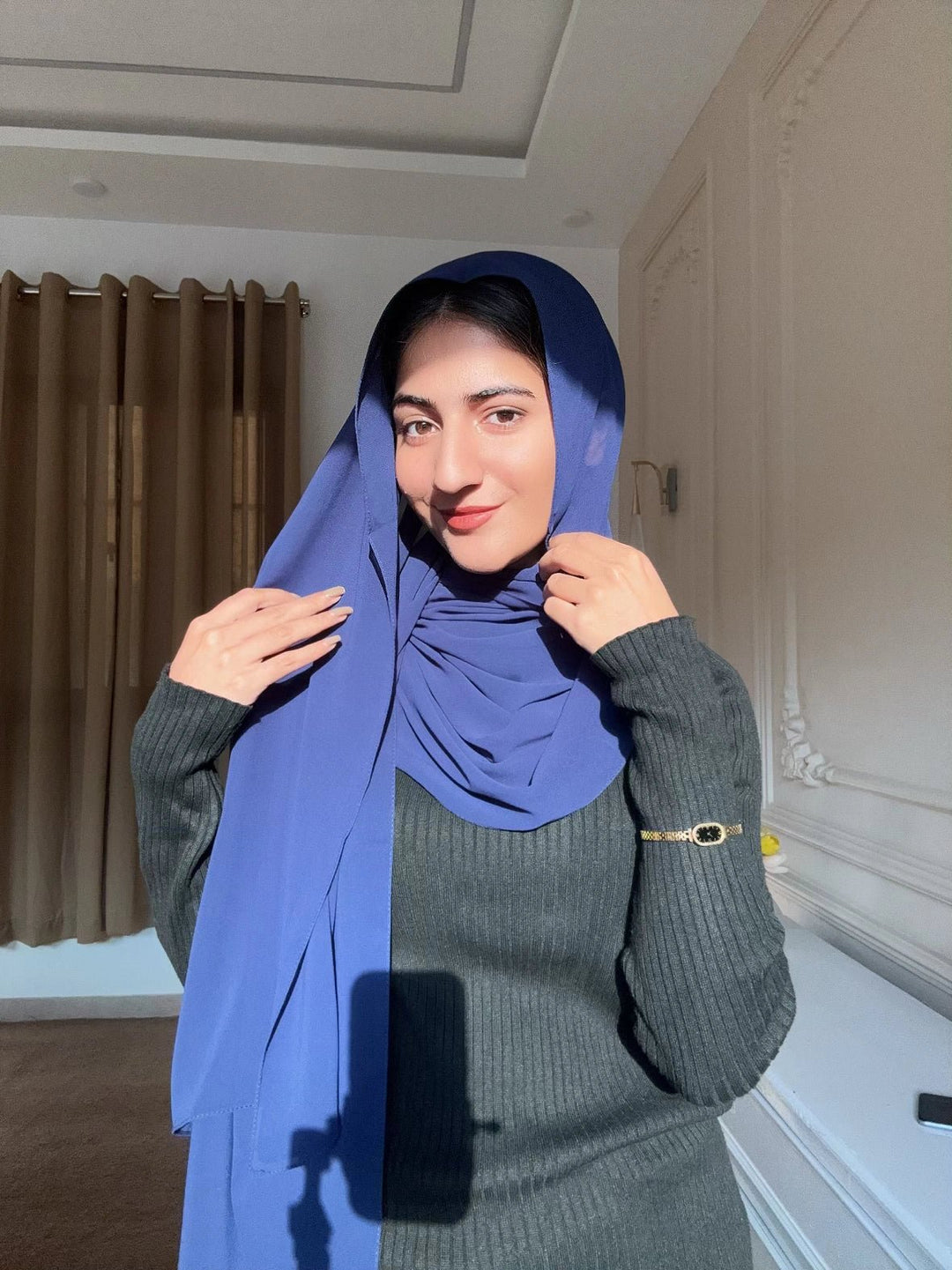 Deep Blue Chiffon Hijab - Abaya Elegance