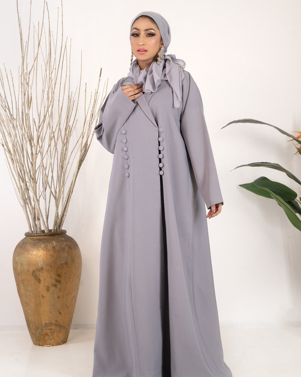 Dove Grey Button Detail Luxury Abaya - Abaya Elegance