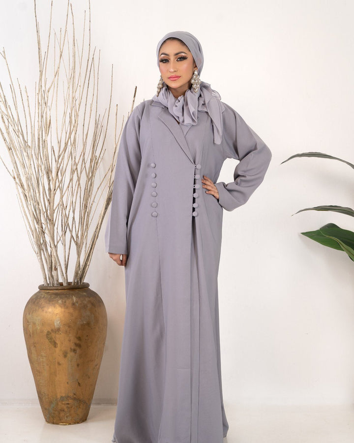 Dove Grey Button Detail Luxury Abaya - Abaya Elegance
