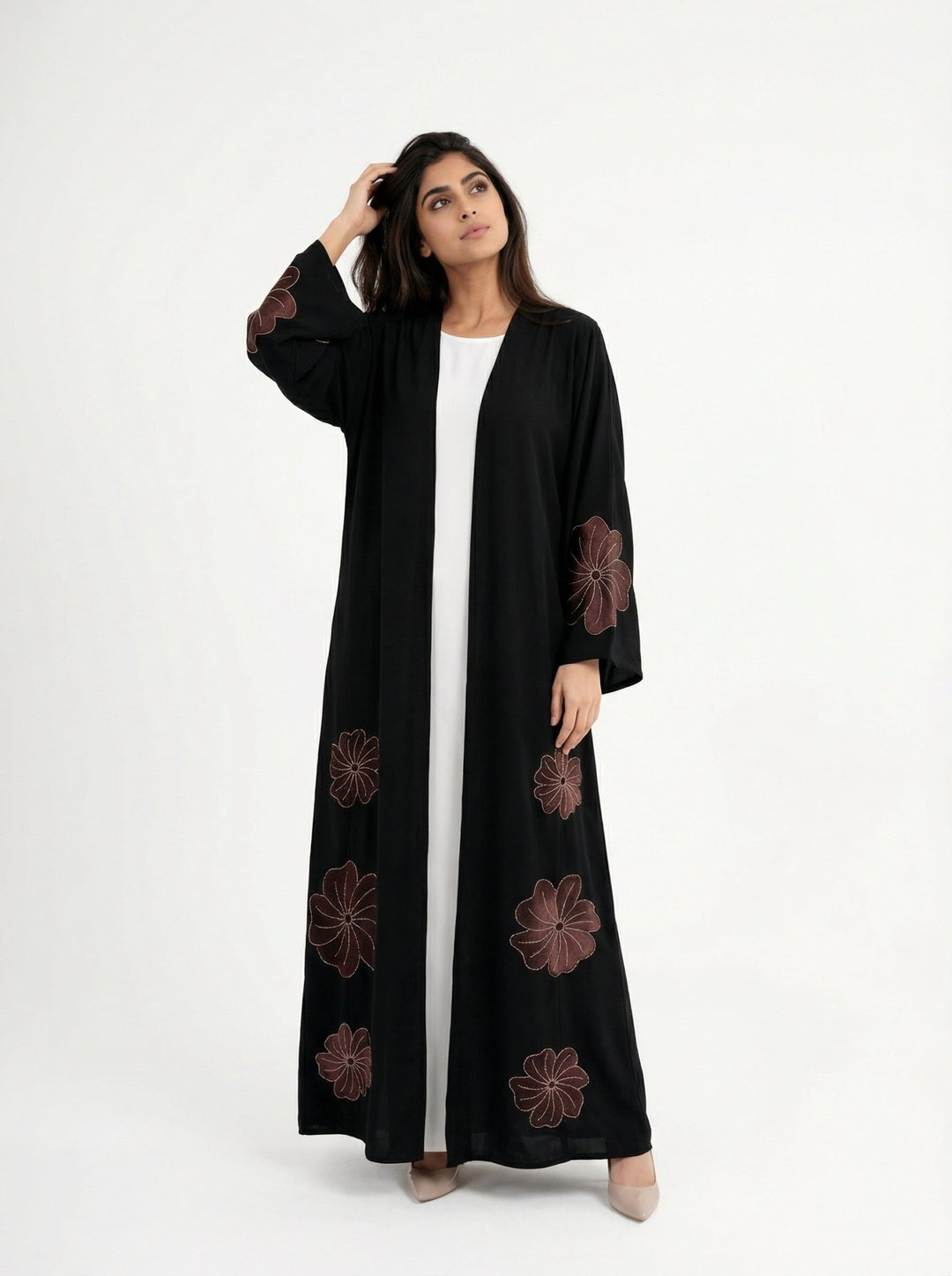Dubai Style Black Abaya With Brown Velvet Floral - Luxury Modest Wear - Abaya Elegance