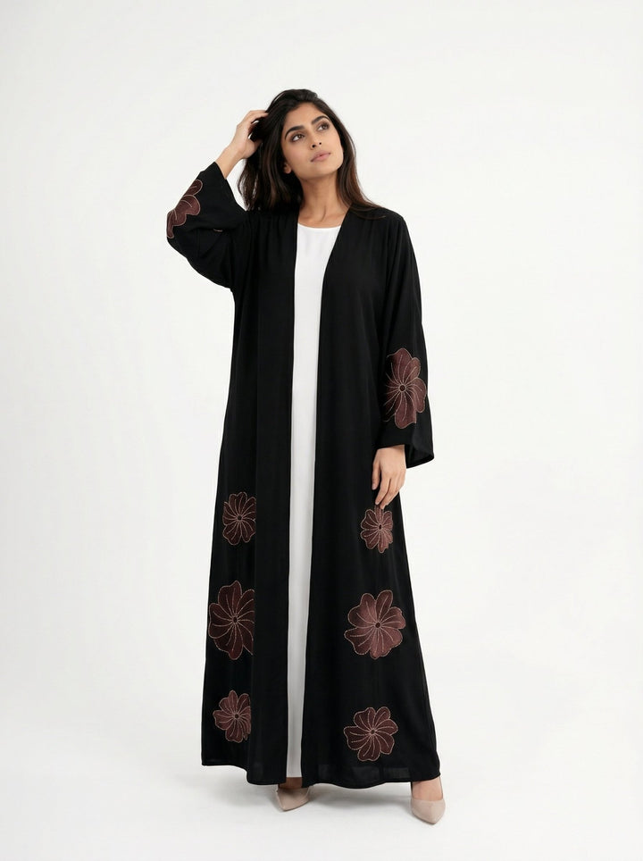 Dubai Style Black Abaya With Brown Velvet Floral - Luxury Modest Wear - Abaya Elegance