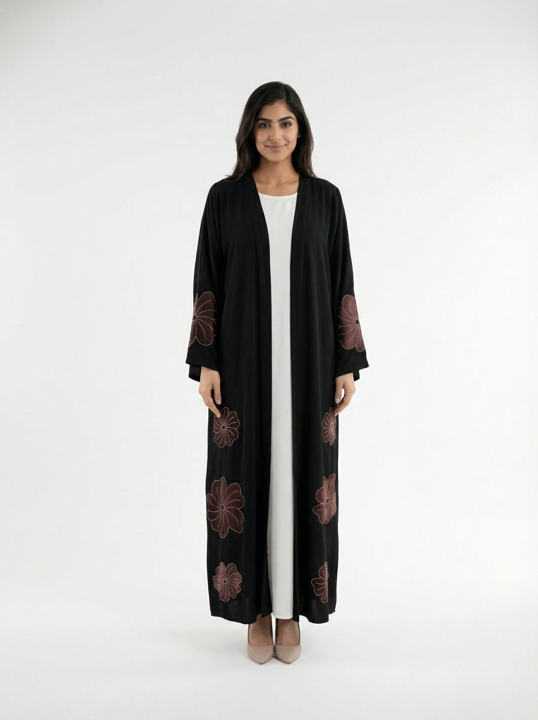 Dubai Style Black Abaya With Brown Velvet Floral - Luxury Modest Wear - Abaya Elegance