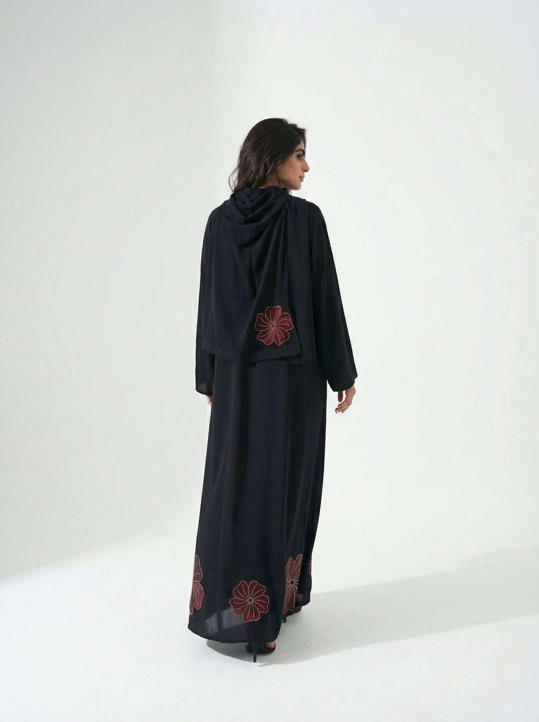 Dubai Style Black Abaya With Brown Velvet Floral - Luxury Modest Wear - Abaya Elegance