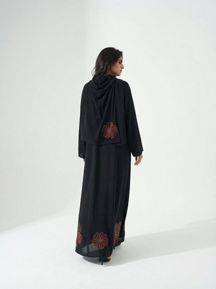 Dubai Style Black Abaya With Brown Velvet Floral - Luxury Modest Wear - Abaya Elegance