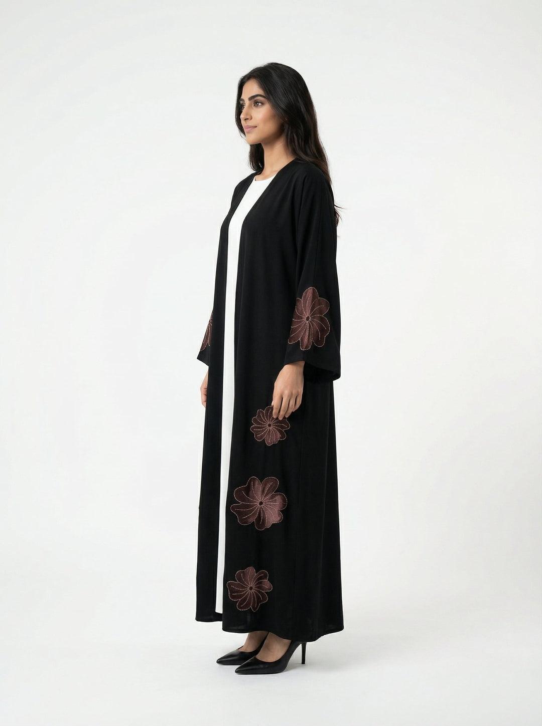 Dubai Style Black Abaya With Brown Velvet Floral - Luxury Modest Wear - Abaya Elegance